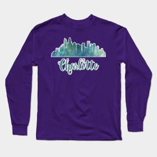 Charlotte North Carolina Skyline Watercolor Long Sleeve T-Shirt